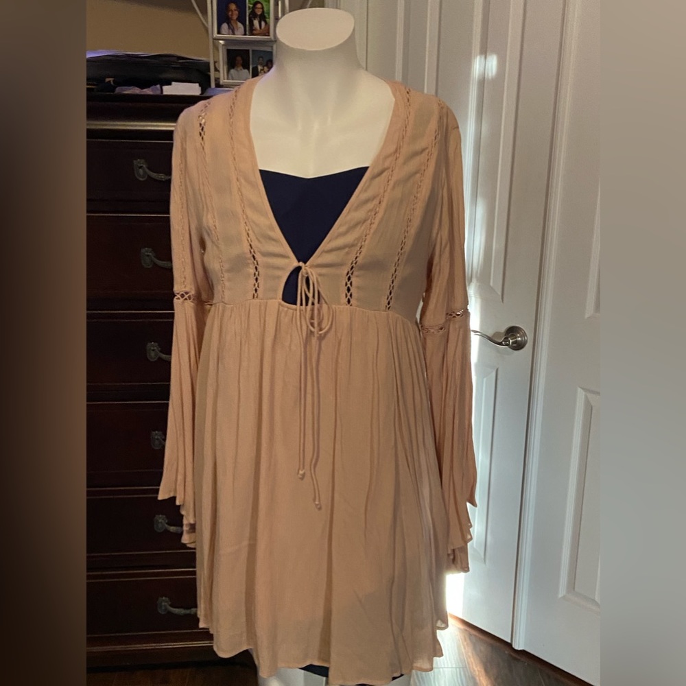 Forever, 21 beige, plunging neck, mini dress, asymmetrical sleeves, size large
